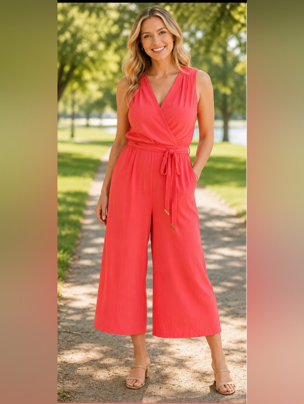 Harper Rose Coral Sleeveless Wide Leg Cropped Jumpsuit Size 14